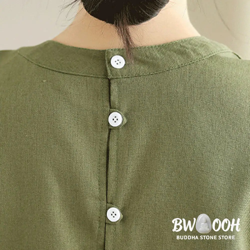 Buddha Stones Casual Plain Color Button Back Design Sleeveless Cotton Linen Midi Dress With Pockets - Midi Dress