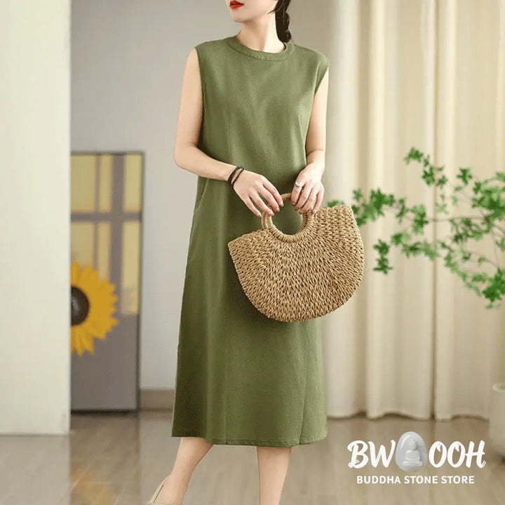 Buddha Stones Casual Plain Color Button Back Design Sleeveless Cotton Linen Midi Dress With Pockets - Midi Dress