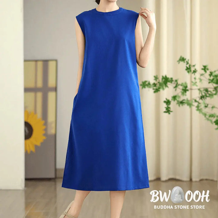 Buddha Stones Casual Plain Color Button Back Design Sleeveless Cotton Linen Midi Dress With Pockets - Midi Dress