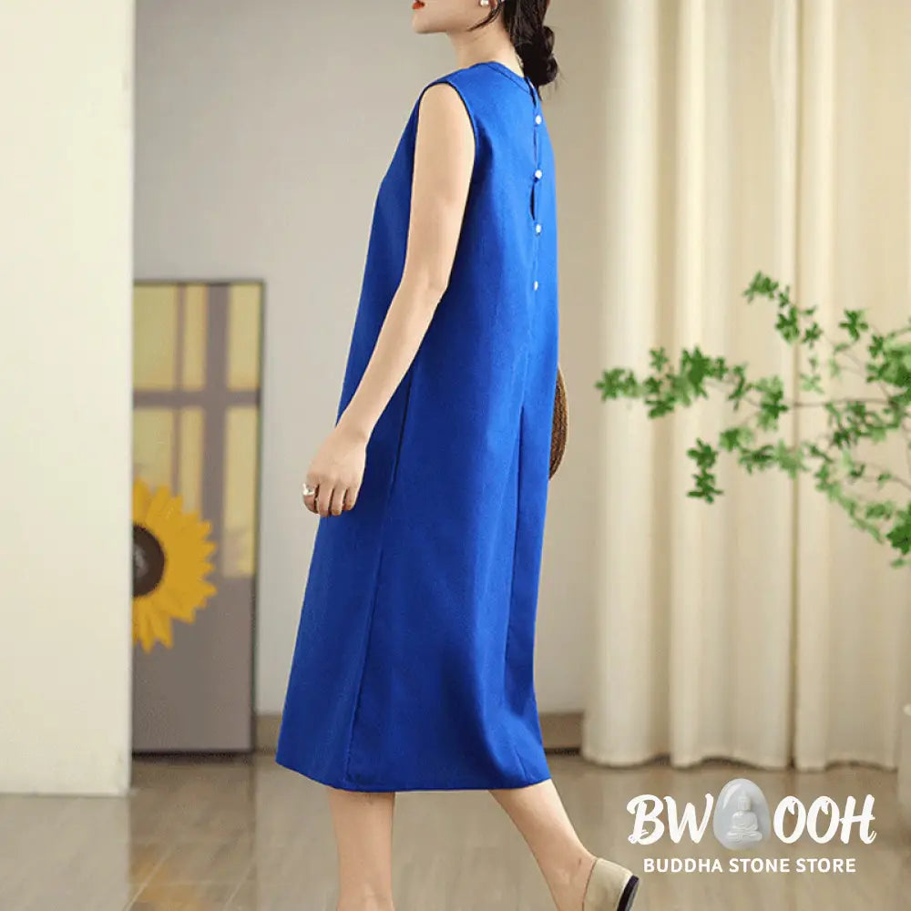 Buddha Stones Casual Plain Color Button Back Design Sleeveless Cotton Linen Midi Dress With Pockets - Midi Dress