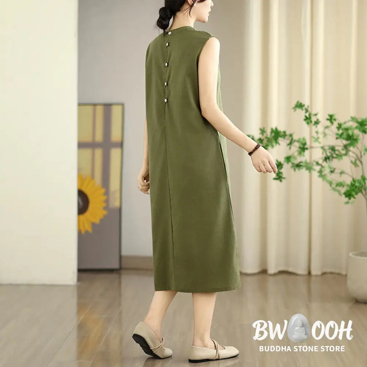 Buddha Stones Casual Plain Color Button Back Design Sleeveless Cotton Linen Midi Dress With Pockets - Midi Dress