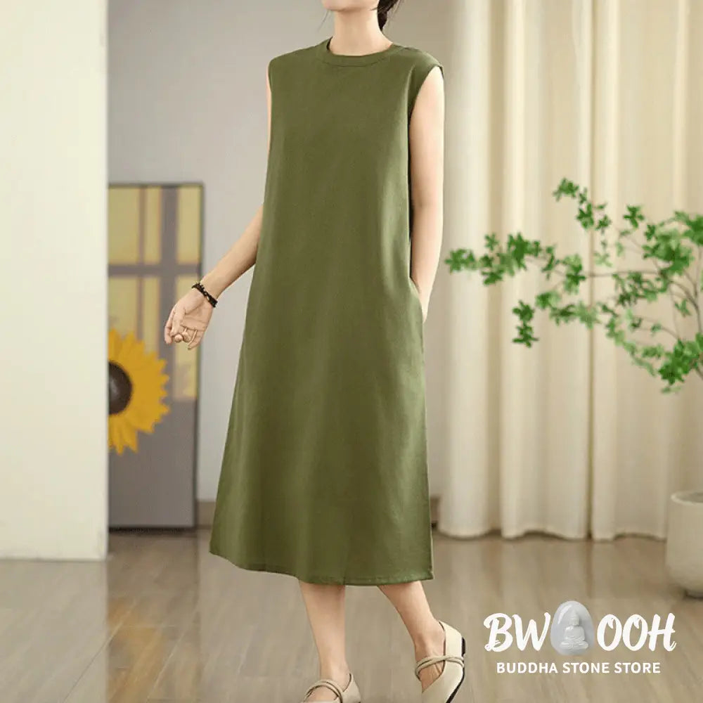 Buddha Stones Casual Plain Color Button Back Design Sleeveless Cotton Linen Midi Dress With Pockets - Midi Dress