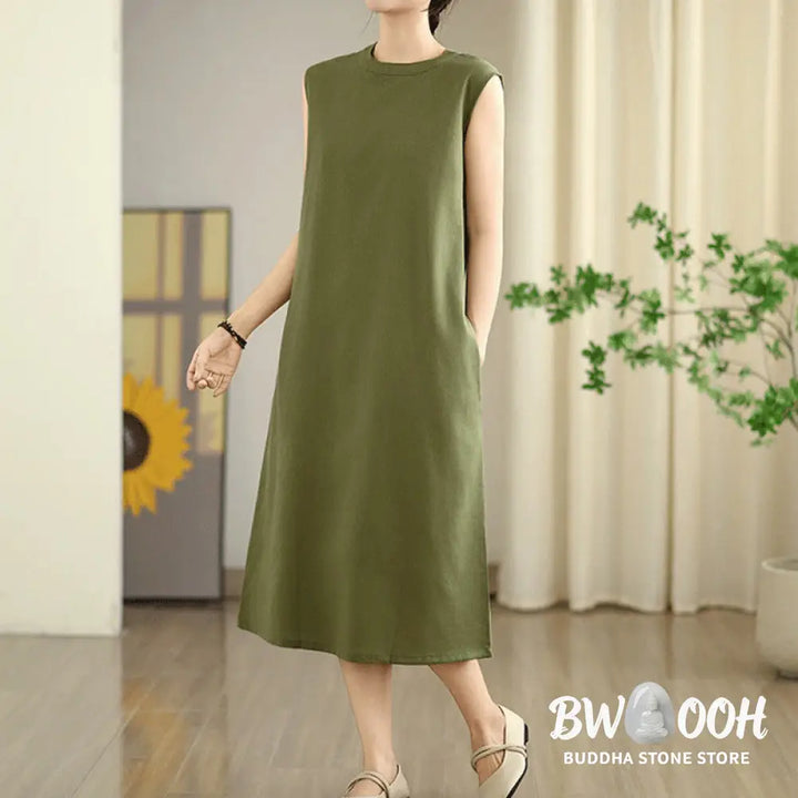 Buddha Stones Casual Plain Color Button Back Design Sleeveless Cotton Linen Midi Dress With Pockets - Midi Dress