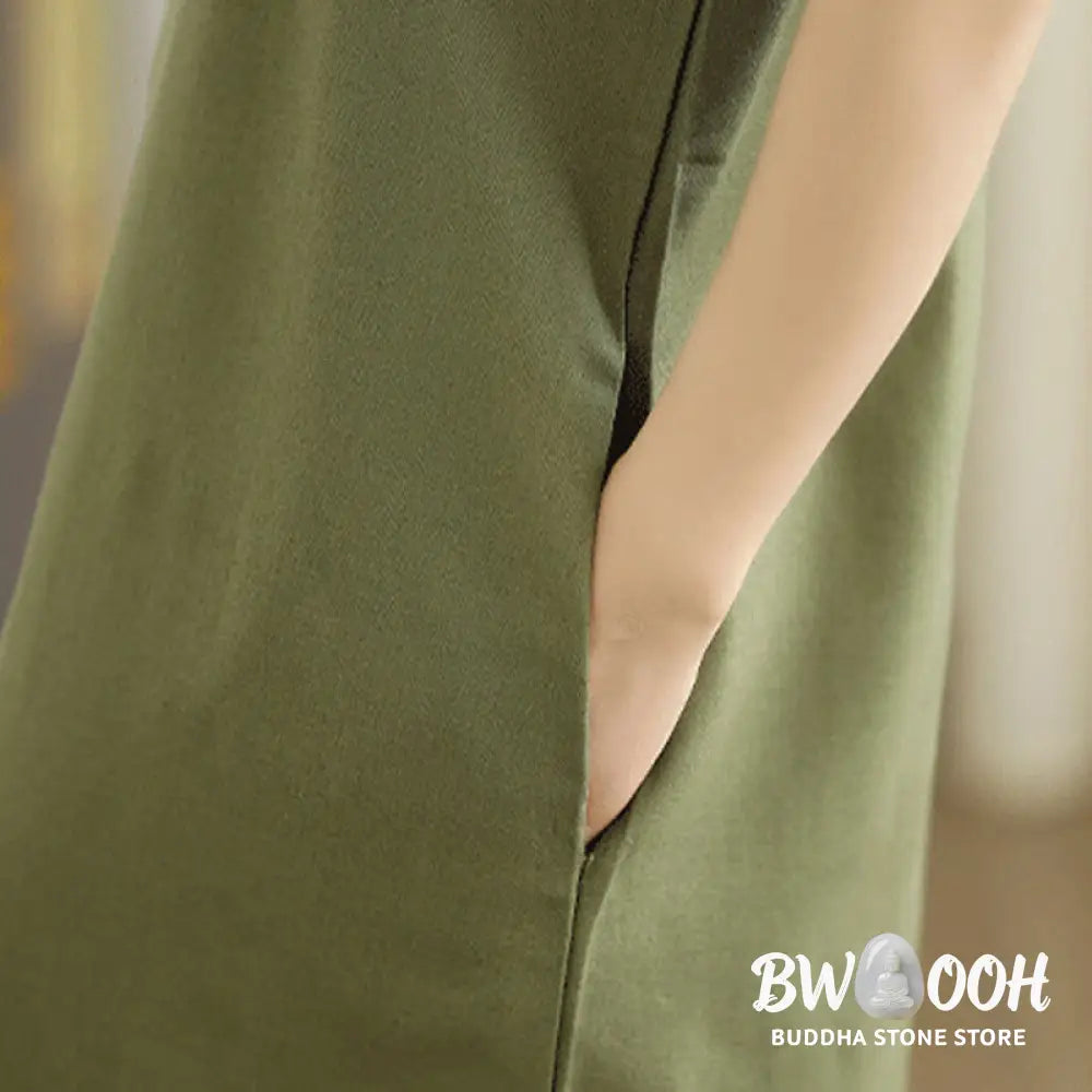 Buddha Stones Casual Plain Color Button Back Design Sleeveless Cotton Linen Midi Dress With Pockets - Midi Dress