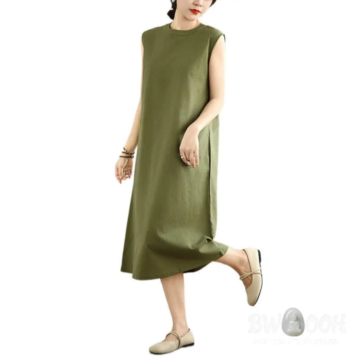 Buddha Stones Casual Plain Color Button Back Design Sleeveless Cotton Linen Midi Dress With Pockets - Midi Dress