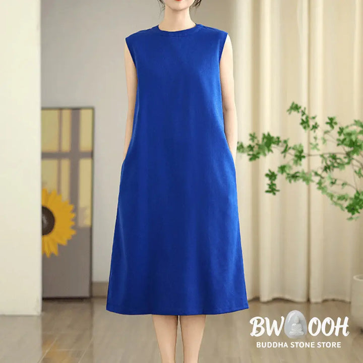 Buddha Stones Casual Plain Color Button Back Design Sleeveless Cotton Linen Midi Dress With Pockets - Midi Dress