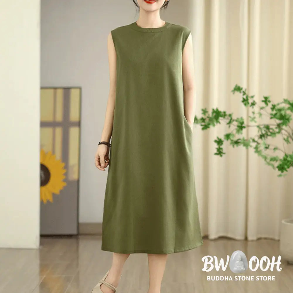 Buddha Stones Casual Plain Color Button Back Design Sleeveless Cotton Linen Midi Dress With Pockets - Midi Dress