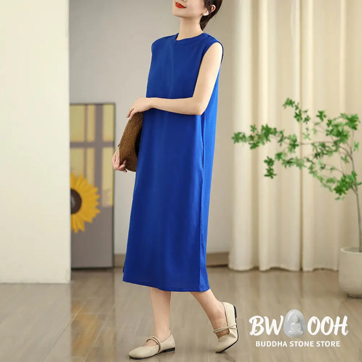 Buddha Stones Casual Plain Color Button Back Design Sleeveless Cotton Linen Midi Dress With Pockets - Midi Dress