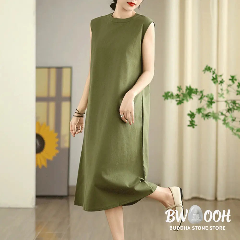 Buddha Stones Casual Plain Color Button Back Design Sleeveless Cotton Linen Midi Dress With Pockets - Midi Dress