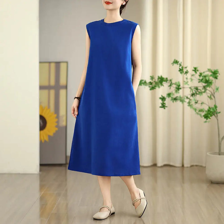 Buddha Stones Casual Plain Color Button Back Design Sleeveless Cotton Linen Midi Dress With Pockets - MediumBlue