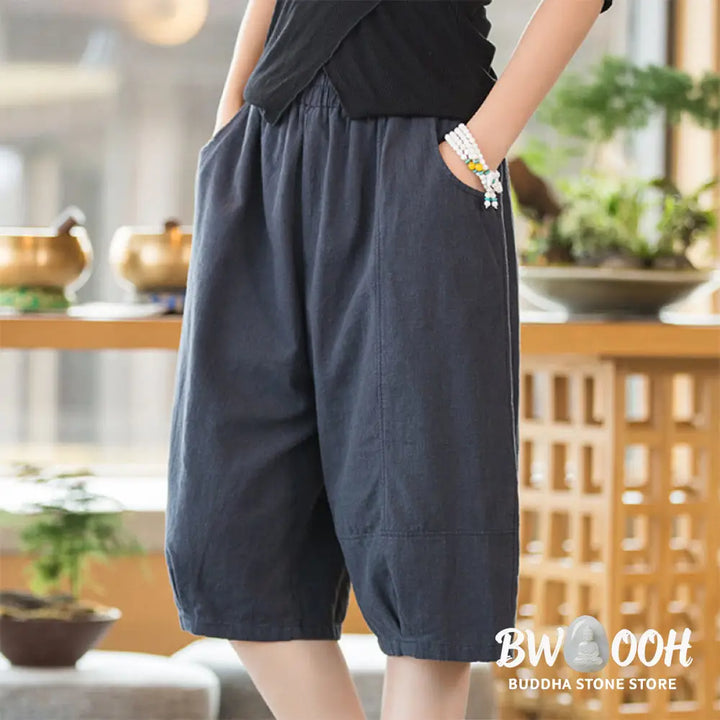 Buddha Stones Casual Plain Color Cotton Ramie Women’s Shorts With Pockets - Women’s Shorts