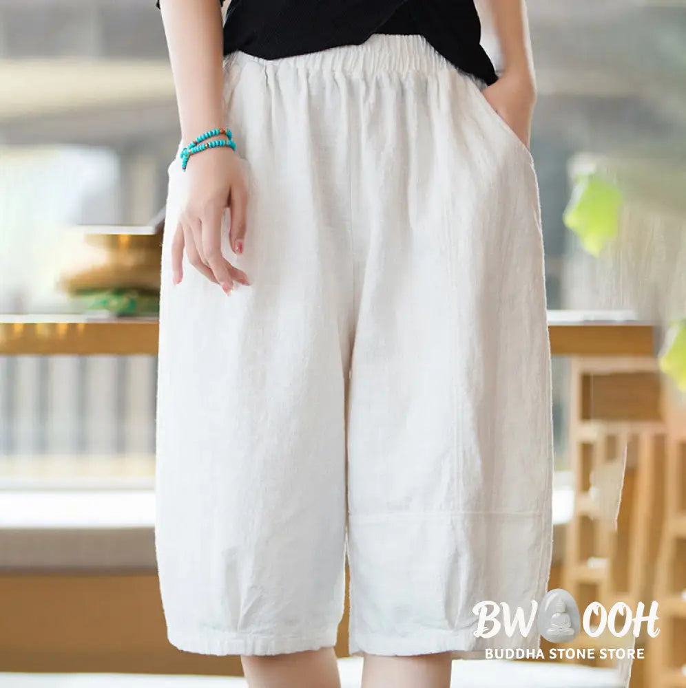 Buddha Stones Casual Plain Color Cotton Ramie Women’s Shorts With Pockets - Women’s Shorts