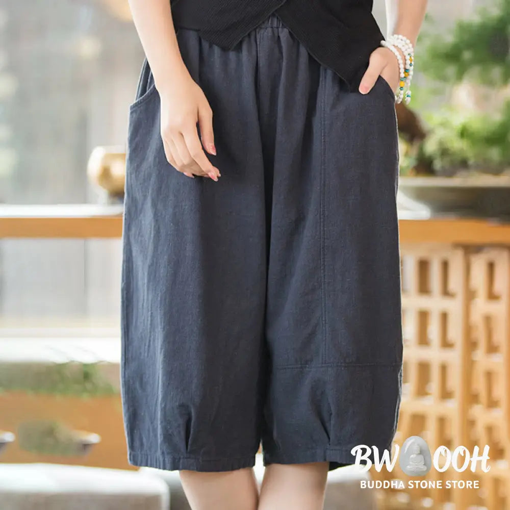 Buddha Stones Casual Plain Color Cotton Ramie Women’s Shorts With Pockets - Women’s Shorts