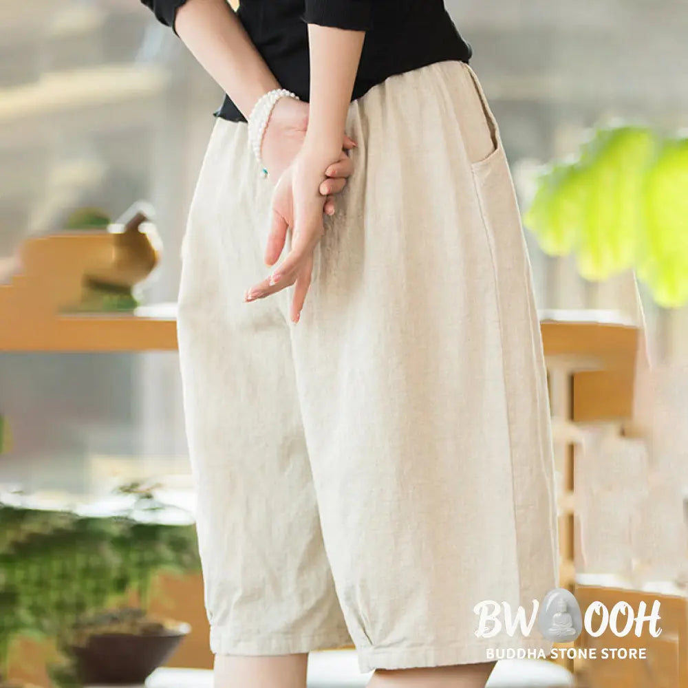 Buddha Stones Casual Plain Color Cotton Ramie Women’s Shorts With Pockets - Women’s Shorts