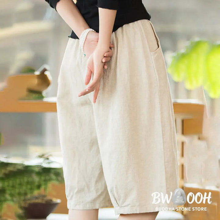 Buddha Stones Casual Plain Color Cotton Ramie Women’s Shorts With Pockets - Women’s Shorts