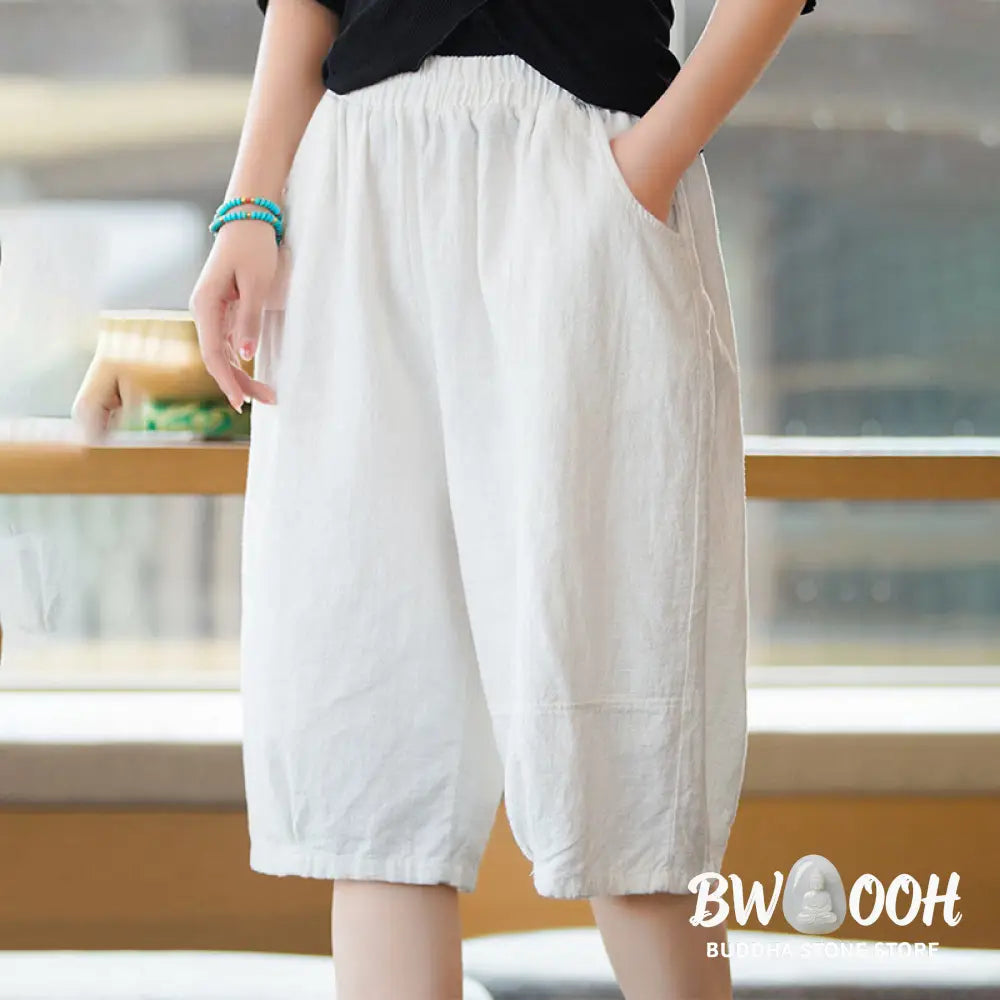 Buddha Stones Casual Plain Color Cotton Ramie Women’s Shorts With Pockets - Women’s Shorts