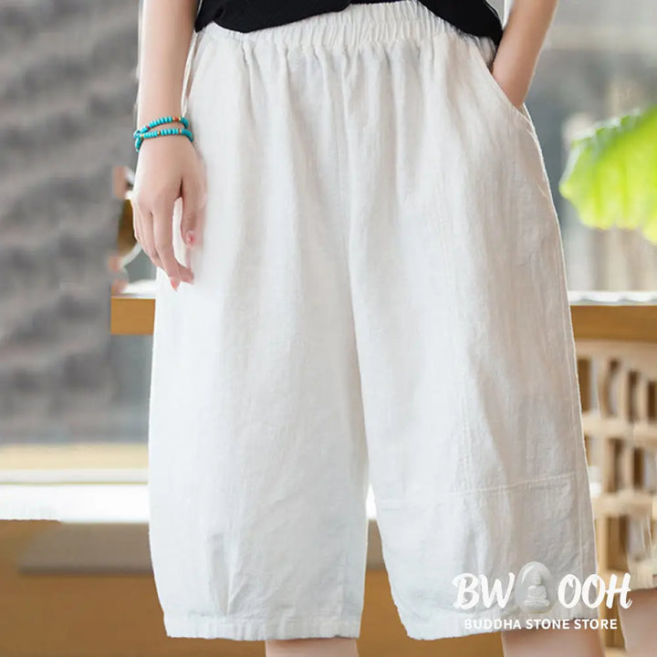 Buddha Stones Casual Plain Color Cotton Ramie Women’s Shorts With Pockets - Women’s Shorts