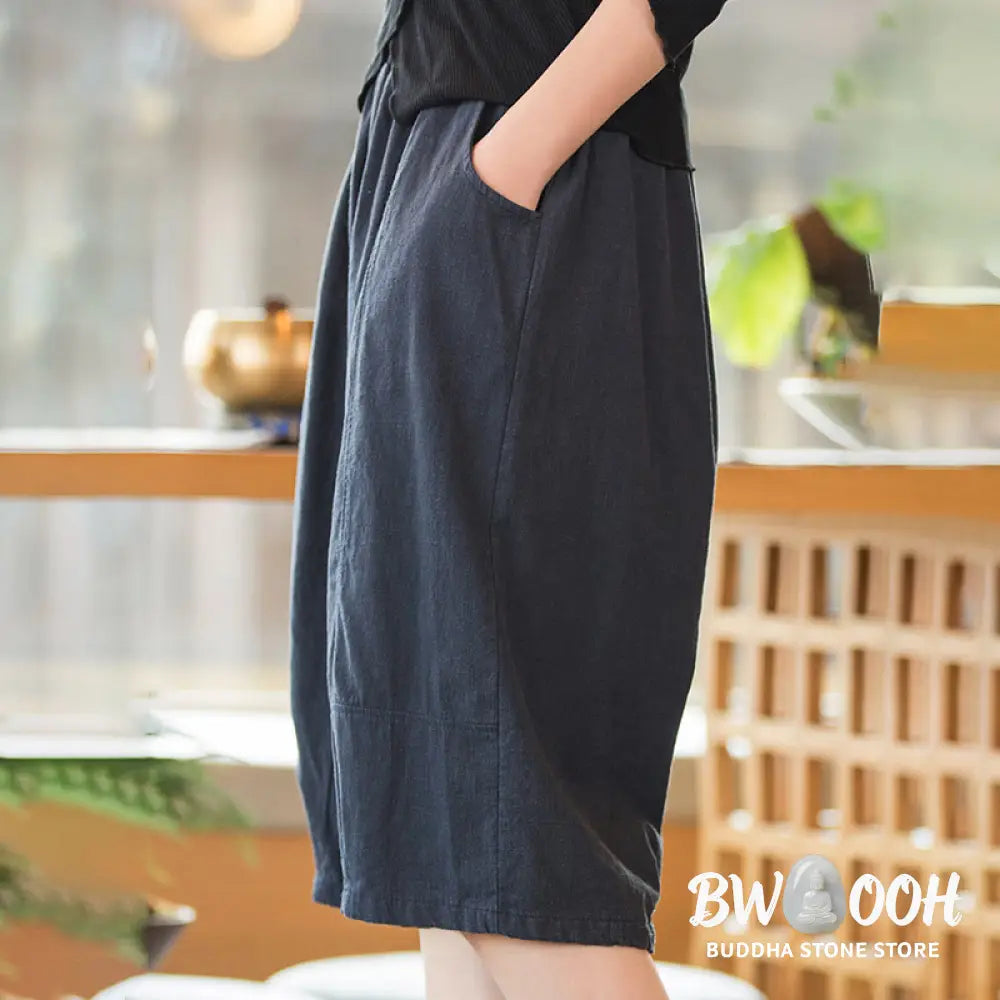 Buddha Stones Casual Plain Color Cotton Ramie Women’s Shorts With Pockets - Women’s Shorts