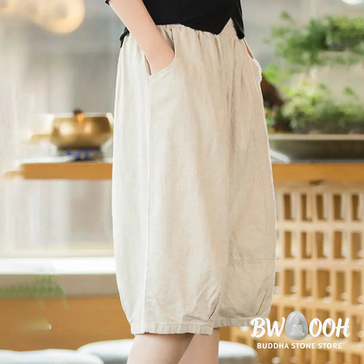 Buddha Stones Casual Plain Color Cotton Ramie Women’s Shorts With Pockets - Women’s Shorts
