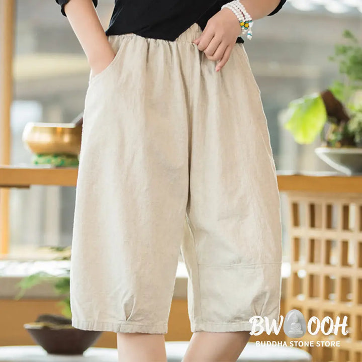 Buddha Stones Casual Plain Color Cotton Ramie Women’s Shorts With Pockets - Women’s Shorts
