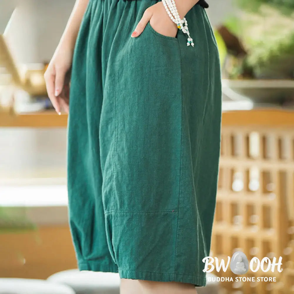 Buddha Stones Casual Plain Color Cotton Ramie Women’s Shorts With Pockets - Women’s Shorts