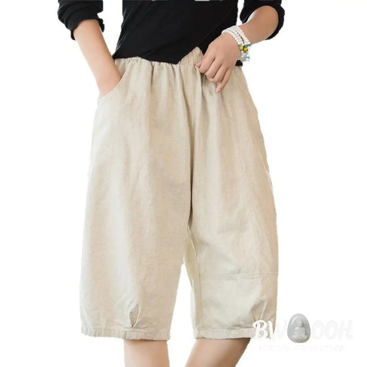 Buddha Stones Casual Plain Color Cotton Ramie Women’s Shorts With Pockets - Women’s Shorts