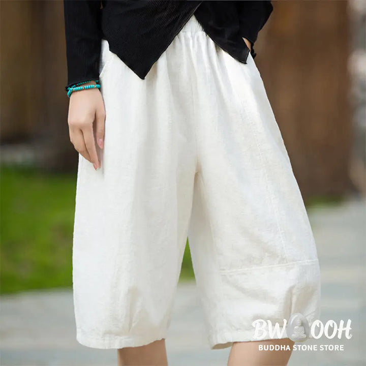 Buddha Stones Casual Plain Color Cotton Ramie Women’s Shorts With Pockets - Women’s Shorts