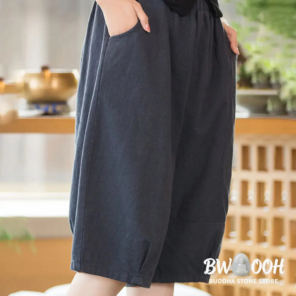 Buddha Stones Casual Plain Color Cotton Ramie Women’s Shorts With Pockets - Women’s Shorts