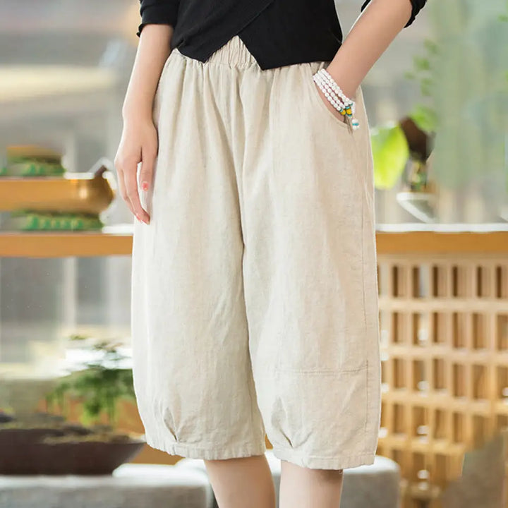 Buddha Stones Casual Plain Color Cotton Ramie Women’s Shorts With Pockets - Beige / US4-6，UK/AU8-10，EU36-38 (F)