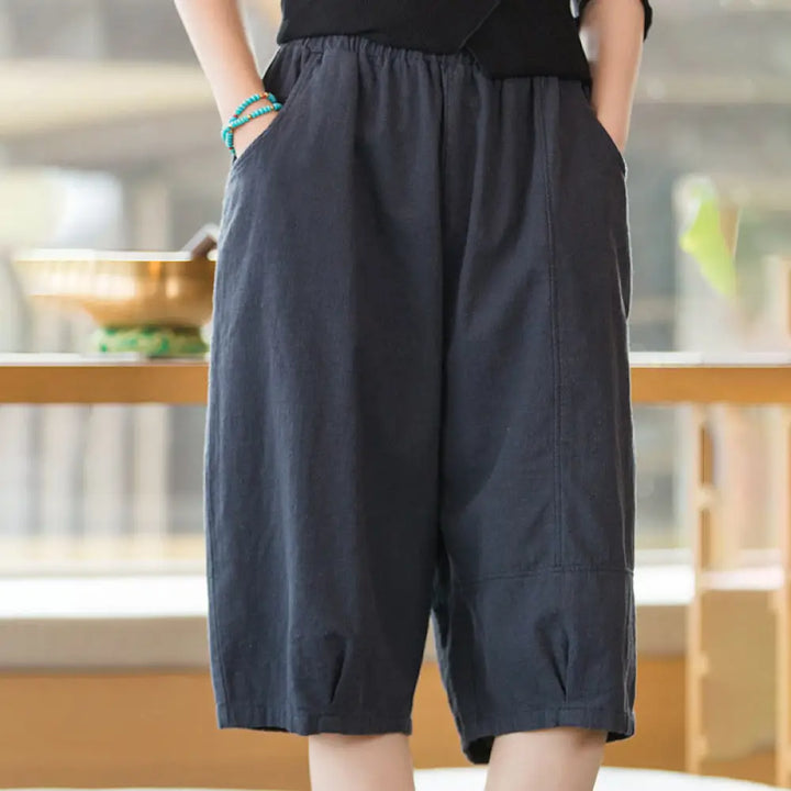Buddha Stones Casual Plain Color Cotton Ramie Women’s Shorts With Pockets - DarkBlue / US4-6，UK/AU8-10，EU36-38 (F)