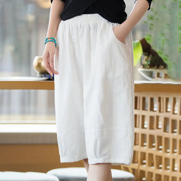 Buddha Stones Casual Plain Color Cotton Ramie Women’s Shorts With Pockets - White / US4-6，UK/AU8-10，EU36-38 (F)