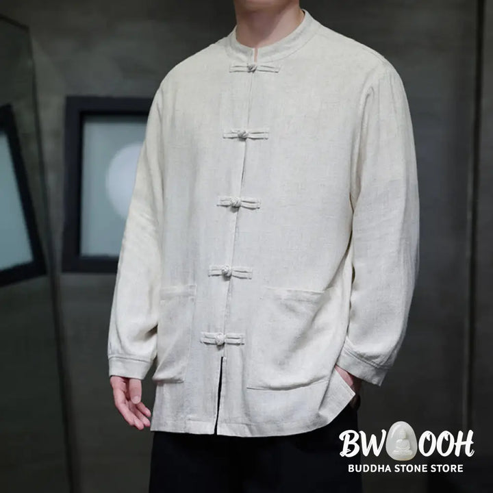 Buddha Stones Casual Plain Color Frog-button Linen Men’s Jacket Shirt With Pockets - Men’s Jacket Shirt