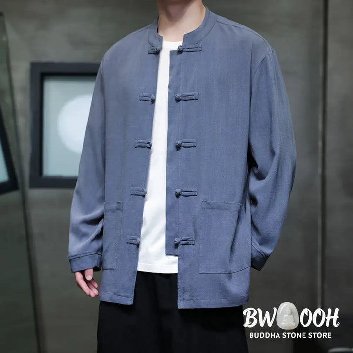 Buddha Stones Casual Plain Color Frog-button Linen Men’s Jacket Shirt With Pockets - Men’s Jacket Shirt