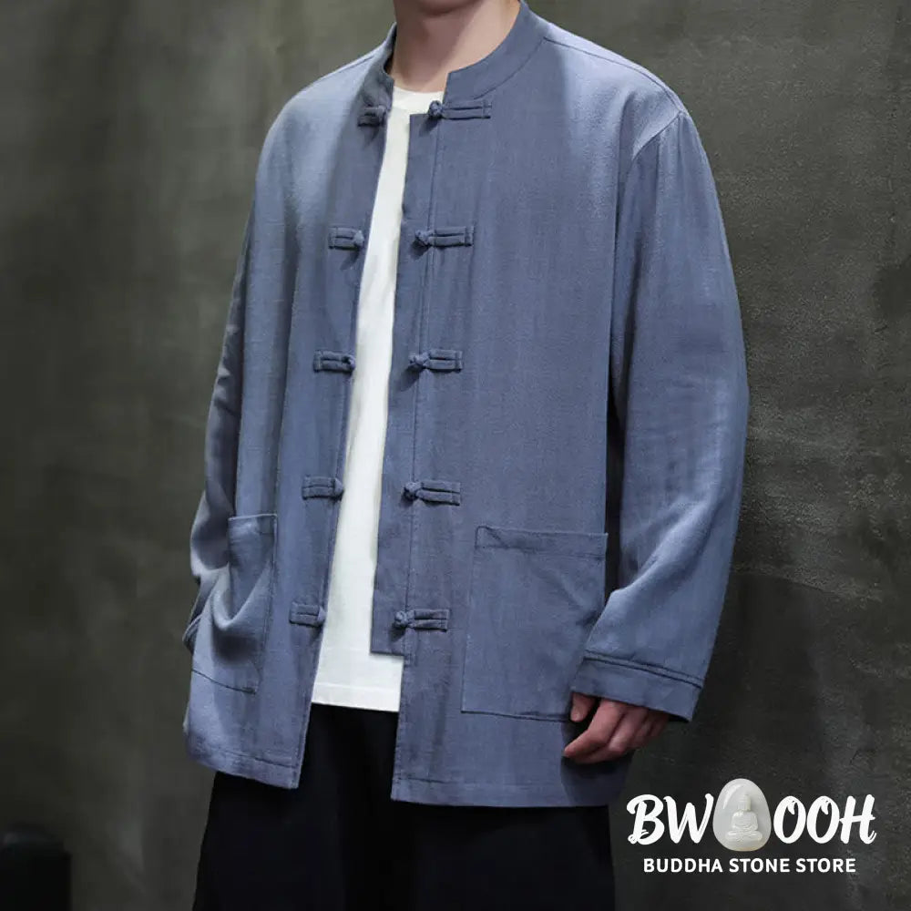 Buddha Stones Casual Plain Color Frog-button Linen Men’s Jacket Shirt With Pockets - Men’s Jacket Shirt