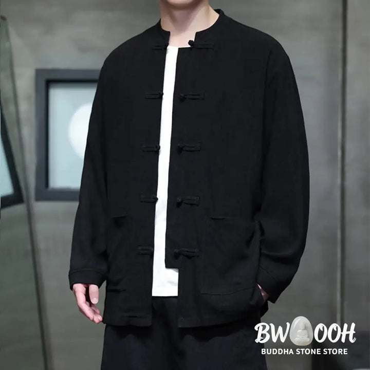 Buddha Stones Casual Plain Color Frog-button Linen Men’s Jacket Shirt With Pockets - Men’s Jacket Shirt