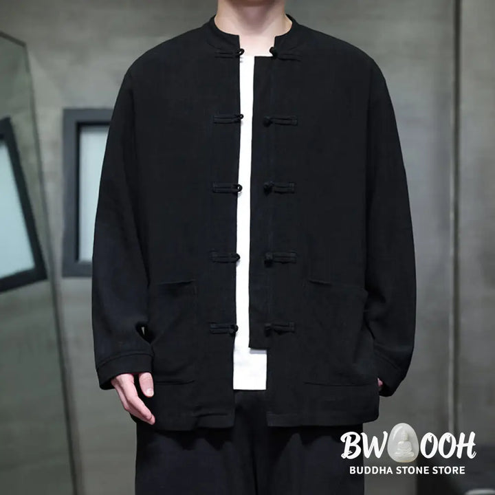 Buddha Stones Casual Plain Color Frog-button Linen Men’s Jacket Shirt With Pockets - Men’s Jacket Shirt