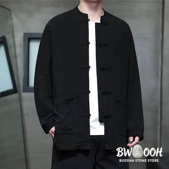 Buddha Stones Casual Plain Color Frog-button Linen Men’s Jacket Shirt With Pockets - Men’s Jacket Shirt