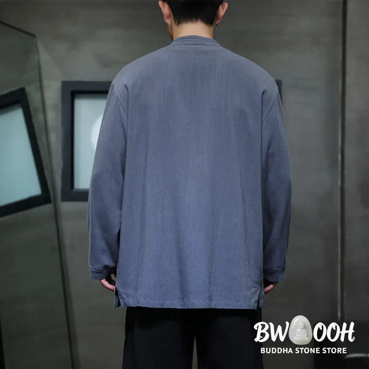 Buddha Stones Casual Plain Color Frog-button Linen Men’s Jacket Shirt With Pockets - Men’s Jacket Shirt