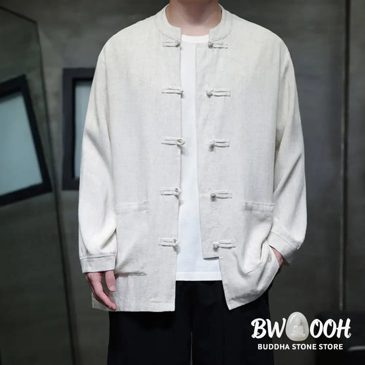 Buddha Stones Casual Plain Color Frog-button Linen Men’s Jacket Shirt With Pockets - Men’s Jacket Shirt
