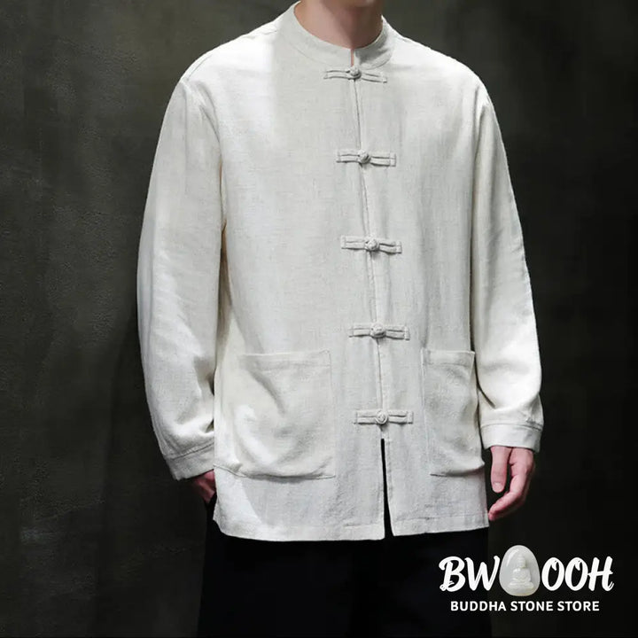 Buddha Stones Casual Plain Color Frog-button Linen Men’s Jacket Shirt With Pockets - Men’s Jacket Shirt