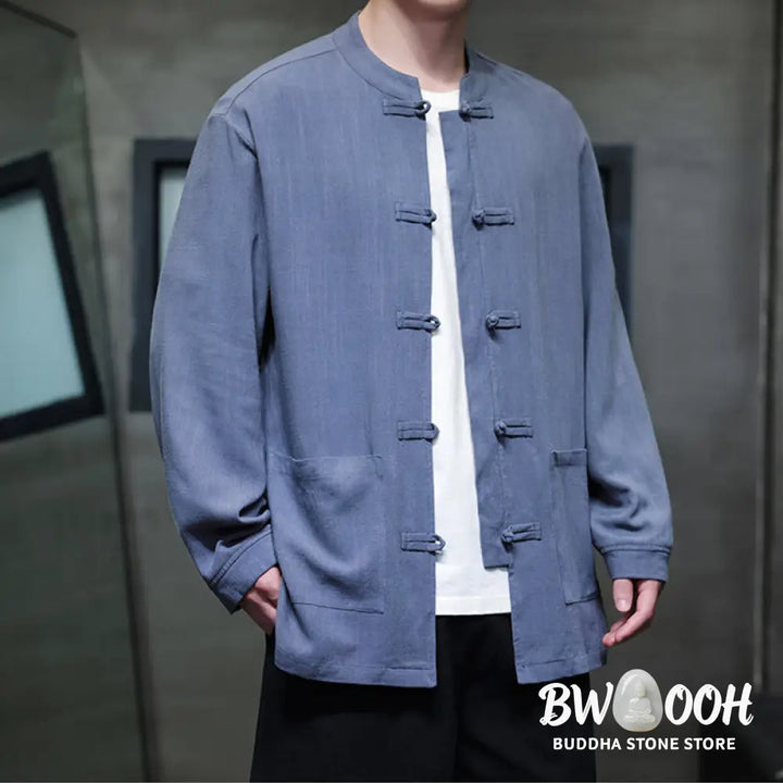 Buddha Stones Casual Plain Color Frog-button Linen Men’s Jacket Shirt With Pockets - Men’s Jacket Shirt