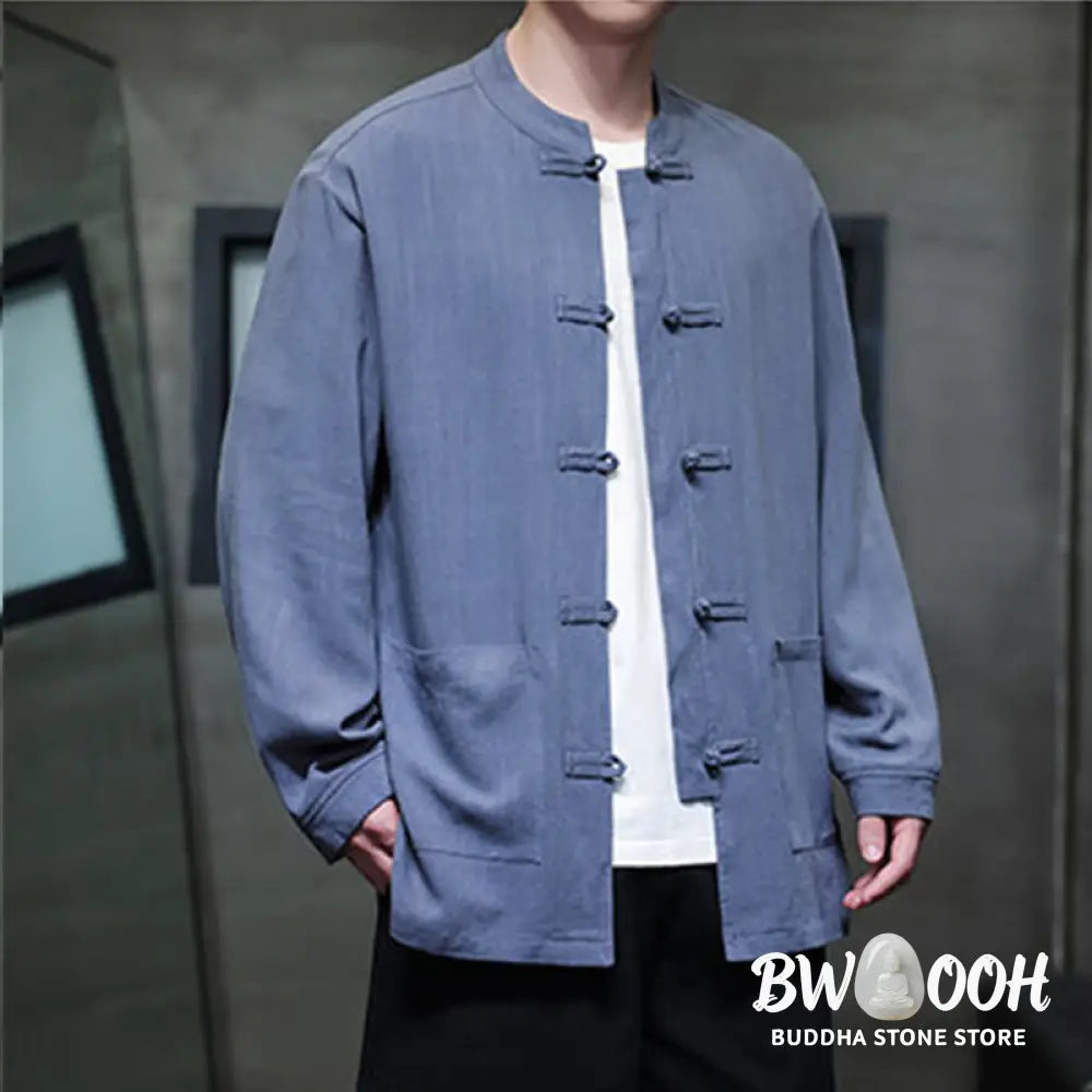 Buddha Stones Casual Plain Color Frog-button Linen Men’s Jacket Shirt With Pockets - Men’s Jacket Shirt