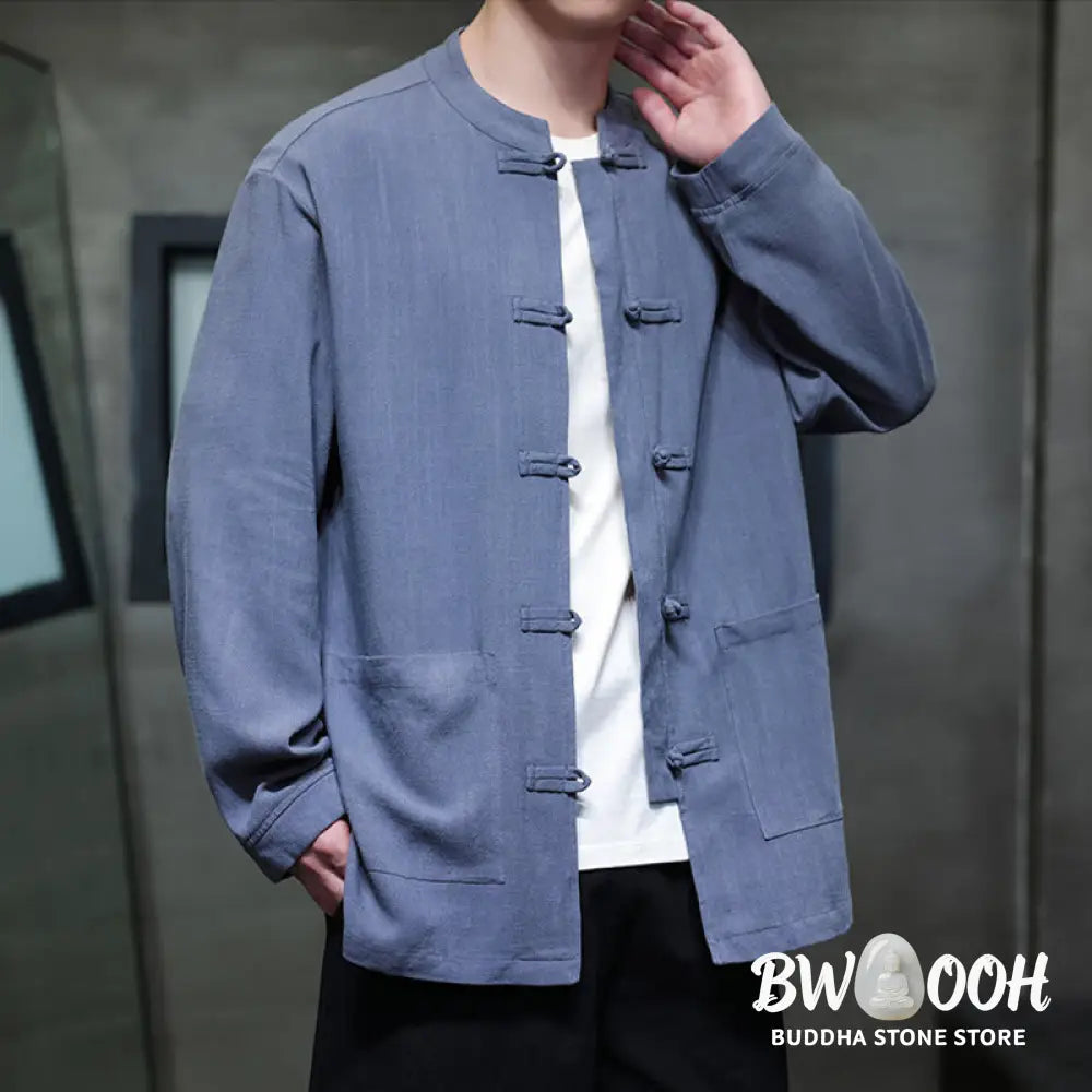 Buddha Stones Casual Plain Color Frog-button Linen Men’s Jacket Shirt With Pockets - Men’s Jacket Shirt