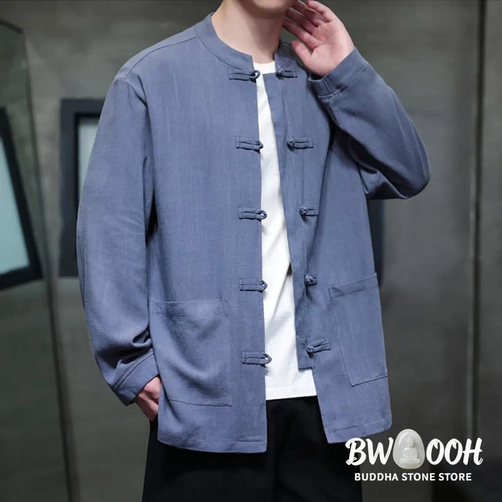 Buddha Stones Casual Plain Color Frog-button Linen Men’s Jacket Shirt With Pockets - Men’s Jacket Shirt