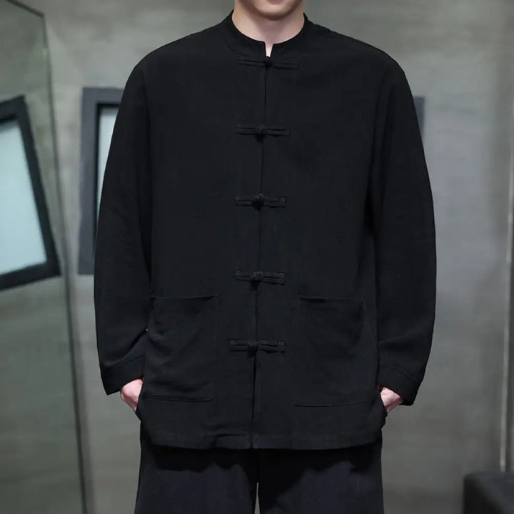 Buddha Stones Casual Plain Color Frog-button Linen Men’s Jacket Shirt With Pockets - Black / US/UK/AU36，EU46 (L)