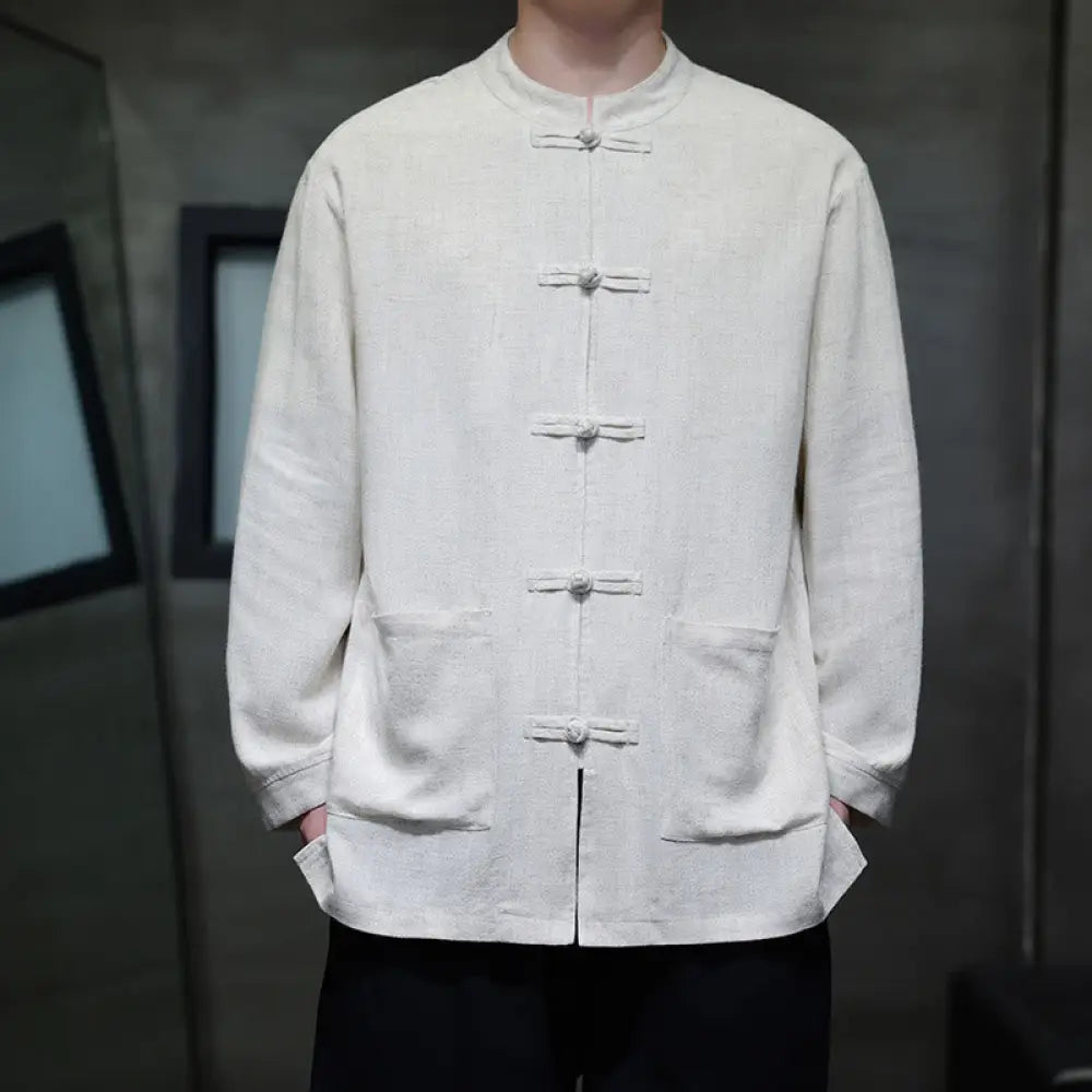Buddha Stones Casual Plain Color Frog-button Linen Men’s Jacket Shirt With Pockets - White / US/UK/AU36，EU46 (L)