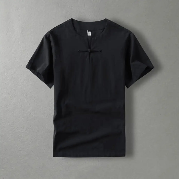 Buddha Stones Casual Plain Color Short Sleeve One Frog Button Cotton Linen Men’s Shirt - Black / US/UK/AU36，EU46 (L)