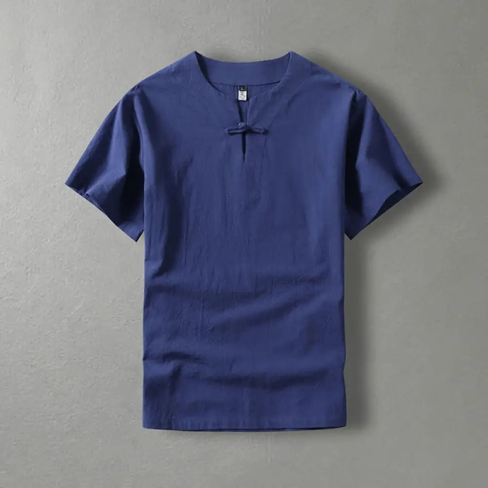 Buddha Stones Casual Plain Color Short Sleeve One Frog Button Cotton Linen Men’s Shirt - DarkBlue / US/UK/AU36，EU46 (L)