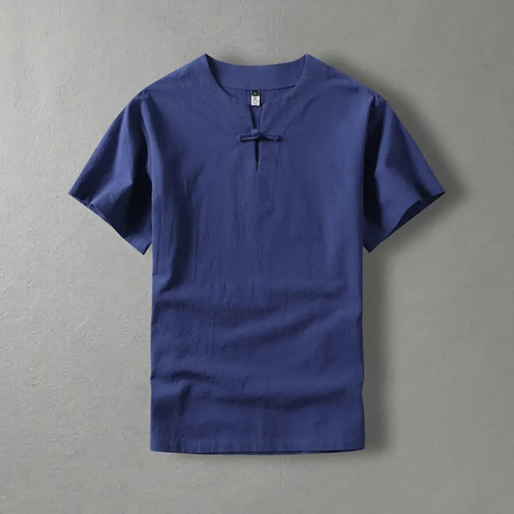 Buddha Stones Casual Plain Color Short Sleeve One Frog Button Cotton Linen Men’s Shirt - DarkBlue / US/UK/AU36，EU46 (L)