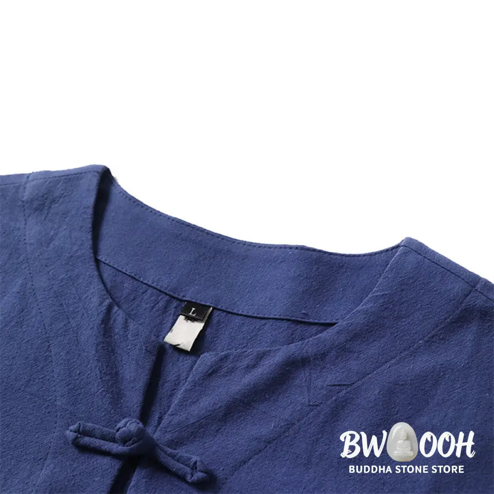 Buddha Stones Casual Plain Color Short Sleeve One Frog Button Cotton Linen Men’s Shirt - Men’s Shirts